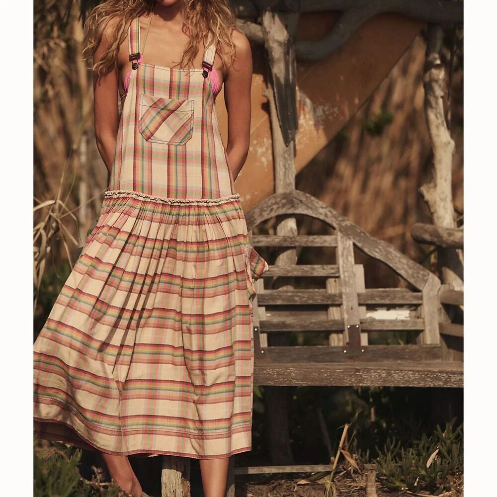 Free People Avery Overall Midi Dress Ruffled Sleeveless Plaid Breezy M 291322